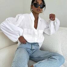 女士长袖薄纱开衫，复古优雅休闲衬衫/上衣，适合春夏、节日/情人节穿着 白色 - 白色 - 查看 11
