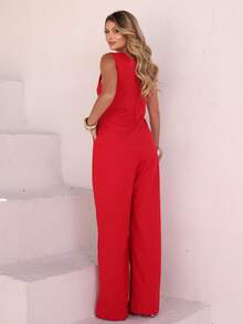 Elegant Linen Jumpsuit With Wide Legs And Discreet Pockets. - 紅色 - 查看 2