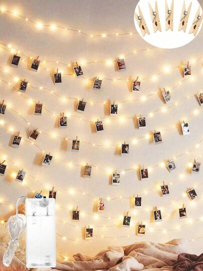 1pc 1/2/3/4/5/10m LED Copper Wire Fairy String Lights With Wooden Clips, Suitable For Hanging Photos & Cards, Creating Bedroom Ambiance, Decorating Photo Walls, Birthday Party & Anniversary Decor, Photo Clip Lights, Wedding & Birthday Party Decoration