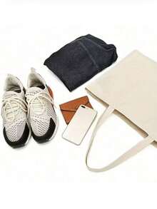 White Canvas Tote Bag, Annual Party Carrying Gift Bag, Can Be Diy Designed On It, Simple And Elegant, Bridesmaid Wedding Gift Bag, Makeup Bag, Travel Simple Storage Bag, Large Capacity Travel Makeup Bag: The Perfect Match For Outdoor Beauties! - Beige - View 7