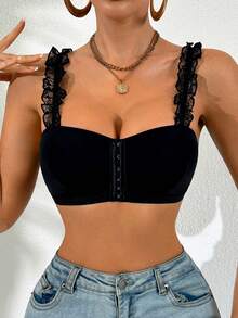 前扣式女士蕾丝肩带拼接舒适文胸 - 黑色 - 查看 6