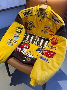 Unisex Windbreaker Graphic Jacket Retro Racing Baseball Bomber Jacket-Contrast Color Embroidered Loose Thick Stand Collar Coat - 黃色 - 查看 2