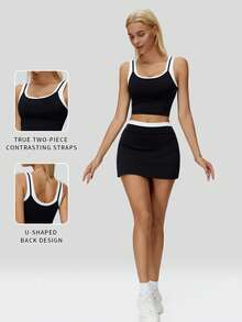 MFVIM Black Camisole & Mini Skirt Sports Set, Women Casual Activewear Outfit, Black & White Contrast Design Slim Fit, Breathable & Comfortable, Energetic, Essential For Outdoor Running, Cycling, Yoga, Pilates, Gym Workout - Black - View 4
