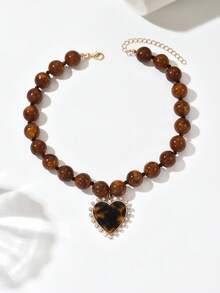 1pc Elegant Fashion Gold Heart, Orange & Red Resin 3D Heart Pendant Necklace, Asymmetrical Beaded Chain, Suitable For Daily Wear, Vacation, Party, Sexy Outfit Matching. Please Note That Each Resin Pendant May Have A Small Injection Port At The Bottom Due To The Molding Process. - Multicolor - View 3