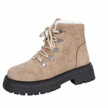 女士搭扣舒适软底雪地靴，圆头系带防滑平底靴，新款冬季黑色休闲保暖加厚绒面短靴，毛绒靴 - 杏色 - 查看 14