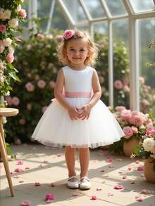 2pcs Baby Girls 0-2 Years Old Outfit Set Mini Dress, White Christening Robe Suitable For Role Play Party - White - View 2