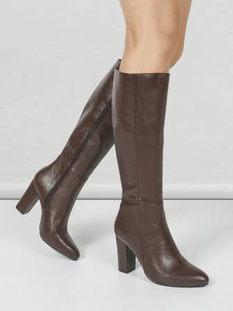 Women's Retro Brown Side Zipper Chunky Heel Over-The-Knee Boots, European And American Fashion Pointed Toe Boots For Autumn/Winter, High Comfort And Stylish, Fashionable Women's Shoes For Autumn/Winter, Suitable For Various Occasions,High Heels