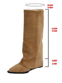 Damen Herbst/Winter Western Stil Keilabsatz Plateau Kniehohe Stiefel, modische faltbare Spitzschuh Schlüpf-Stiefel mit Vintage Falten, Große Größen bequem für Alltag, Outdoor, Lässig, Party, Khaki Farbe, Cowboystiefel - Khaki - Übersicht 4