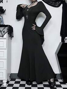 1 pieza Elegante vestido largo de sirena ajustado, tela elástica, adecuado para Halloween - Negro - Ver 4