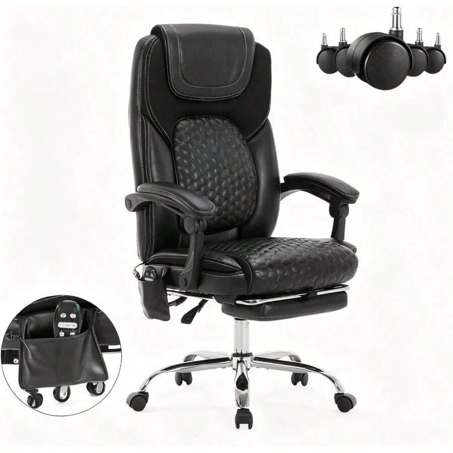 Massage Office Chair With Heat And Footrest U2013Reclining Desk Chair, Big And Tall Leather Computer Chair With Wheels, PU Executive Office Chair Home, Gaming, Study, 300 Lbs, Black
