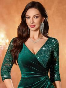 MIUSOL V-Neck Sequin Floral Lace Contrast Velvet Ruched Waist 3/4 Sleeve Cocktail Party Bodycon Dress - Dark Green - View 11
