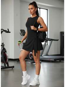 Women's Solid Side - Knot 2 - In - 1 Sleeveless Sports Dress With Built - In Shorts For All - Season Daily  Outdoor Wear - Black - View 7