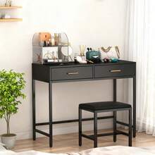 Modern Computer Desk With 2 Drawers Home Office Console Dressing Table Stool - White - View 3