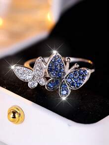 1 Stück eleganter blau-weißer synthetischer Schmetterling-förmiger Ring mit weißem Zirkonia, vergoldet, für Frauen, geeignet für Valentinstag, Partys, Alltagstragen, alle Jahreszeiten - blau und weiß - Übersicht 2
