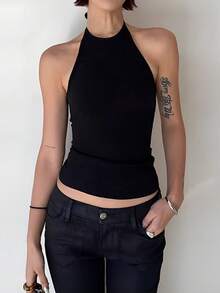 Top de tirantes finos ajustado y sin espalda, top de ajuste ceñido para capas, otoño/invierno - Negro - Ver 10