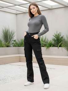 Pantalones vaqueros cargo de mezclilla de pierna recta para mujer, largos - Negro - Ver 1