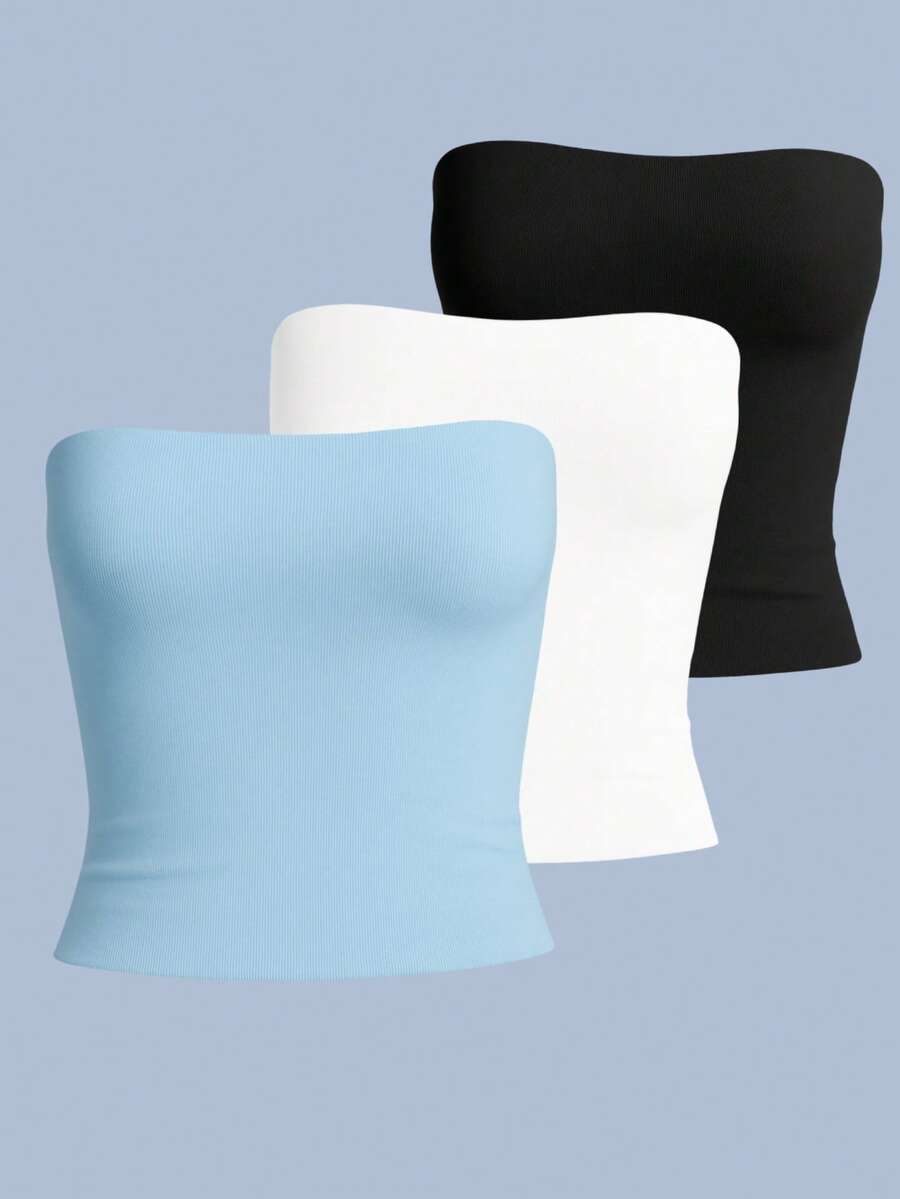 Kit Of 3 Strapless Cropped Tube Tops, Basic Lined Blouses For Women, Premium Blogger Style. - Kit3 Tube Preta Branca Azul Claro - View 1