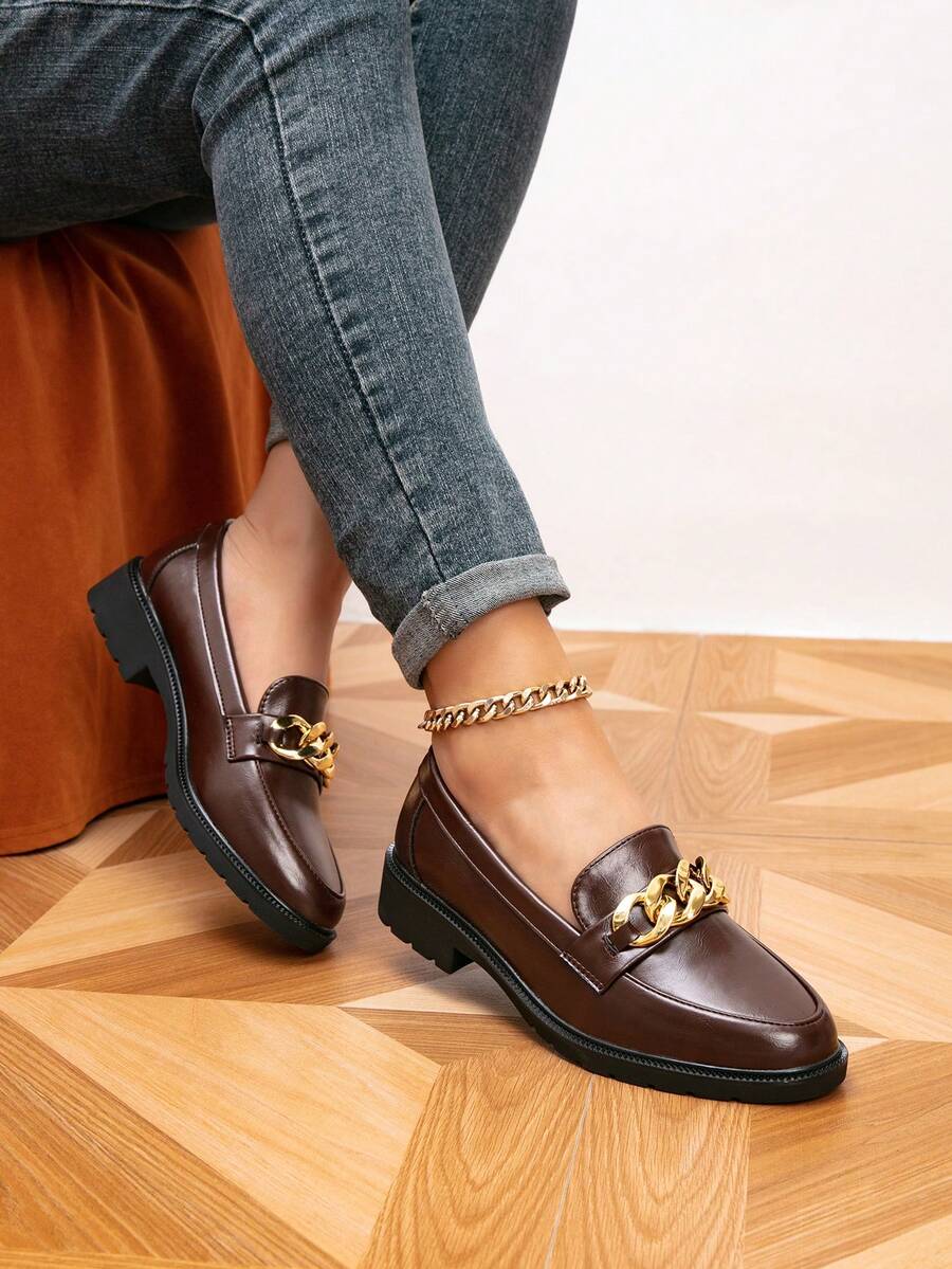 女士乐福鞋，圆头链条平底鞋，户外复古女士平底鞋，复古休闲鞋