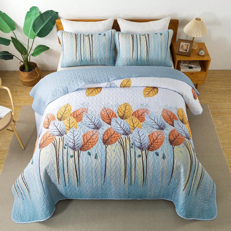 3Pcs Sky Blue Leaf Queen King Double Bedspread Coverlet Bedding Sets (1 Quilt + 2 Pillow Cases), Fashion Leaf Design, Fresh & Minimalist, Comfortable Soft Breathable, Suitable For Wedding Items, Valentines Day Home Bed Room Decor, Mothers Day Gift, All Season - Sky Blue01 - 查看 1