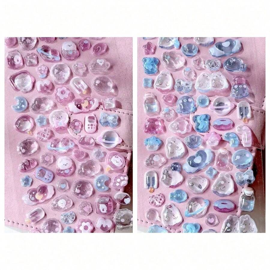 2张卡通3D立体浮雕钻石贴纸，卡通动物自粘贴纸，适用于剪贴簿和文具装饰，工艺贴纸，适合DIY项目和办公用品