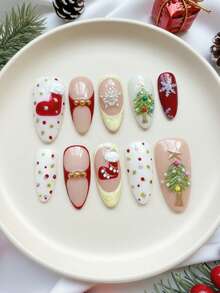 Get The Perfect Christmas Vibe! – 10PCS Medium Long Almond Handmade Press On Nails, Nude & Red, With White & Creamy Yellow Polka Dot French Tips, Decorated With Crystal Christmas Tree, Snowflake, Christmas Stocking, Pearl & Gold Bead 3D Accents, Removable Reusable Nail Set (Includes Nail Jelly Glue & Nail File) – Festive & Cute - Nhiều màu - Xem 1