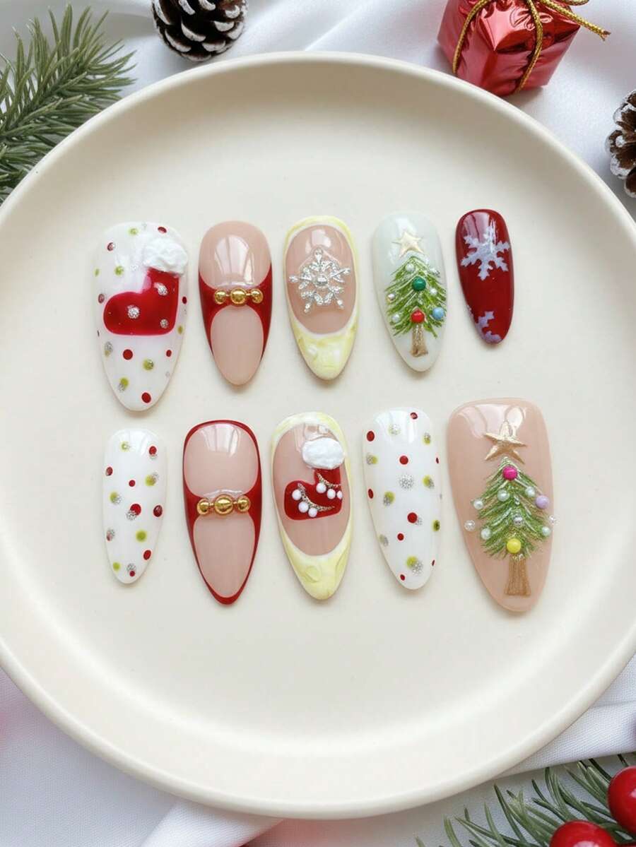 Get The Perfect Christmas Vibe! – 10PCS Medium Long Almond Handmade Press On Nails, Nude & Red, With White & Creamy Yellow Polka Dot French Tips, Decorated With Crystal Christmas Tree, Snowflake, Christmas Stocking, Pearl & Gold Bead 3D Accents, Removable Reusable Nail Set (Includes Nail Jelly Glue & Nail File) – Festive & Cute - Nhiều màu - Xem 1