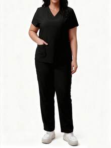 cimmuovere Plus Size Women V-Neck Short Sleeve Pocket Top And Loose Pocket Solid Color Scrubs Nurse Scrubs Workwear Dentist Healthcare Pet Hospital Laboratory Pants 2 Piece Set