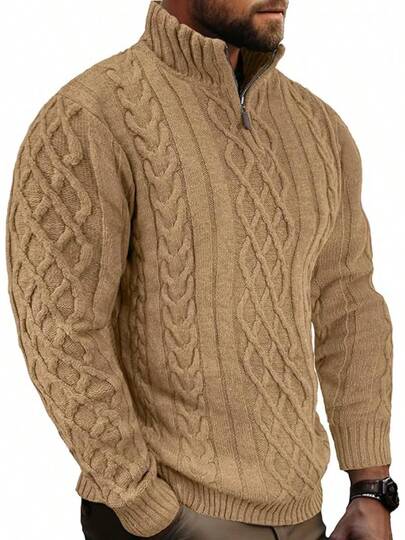 Mens Quarter Zip Long Sleeve Knit Mock Neck Soft Casual Pullover Sweaters, Style