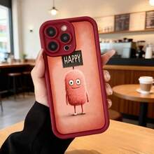 Funda para telefono con borde negro color coral con estampado de personaje peludo rosa y texto HAPPY ideal para uso diario en cafeterias y espacios urbanos Aplicable a los teléfonos de la serie Apple y Galaxy - Blanco - Ver 5
