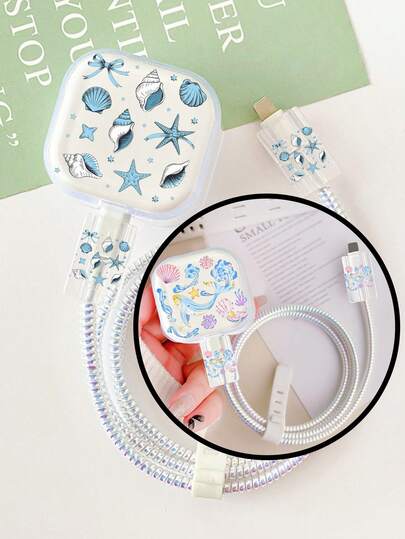 5pcs Set Of Protective Case For UK 18/20W Charger, Cable Protector, Shell/Marine Life Pattern