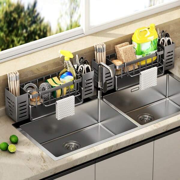 Estante de almacenamiento de cocina con 2 cubos de almacenamiento desmontables para cuchillos, tenedores y cucharas, organizador multifuncional para cocina, fregadero, baño, puede almacenar vajilla, líquido lavavajillas, estropajos, esponjas, artículos de tocador, suministros de baño, etc.