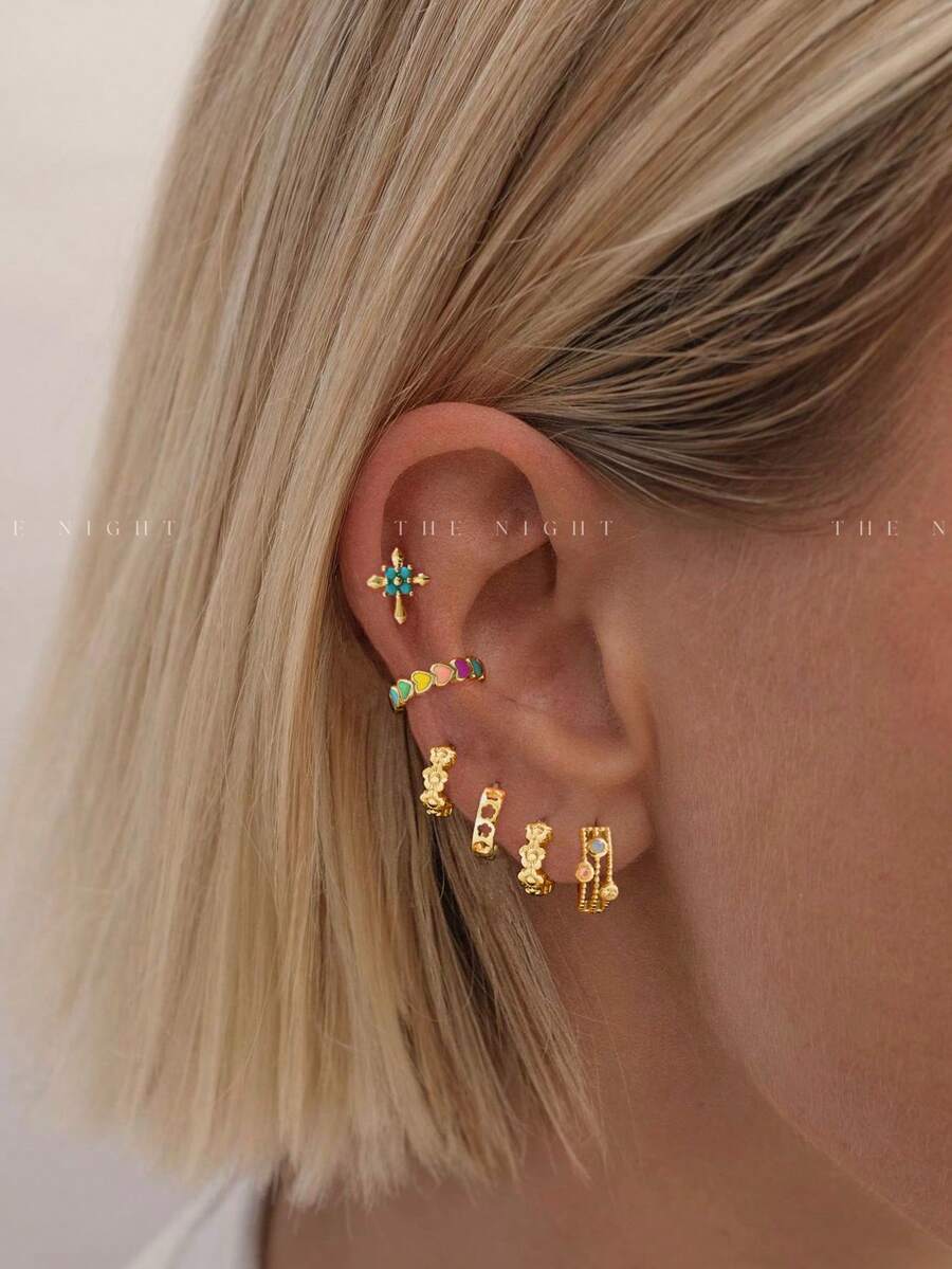 6 件套优雅锆石镂空花朵耳钉套装，适合派对、节日、约会或婚礼 - 金色 - 查看 1