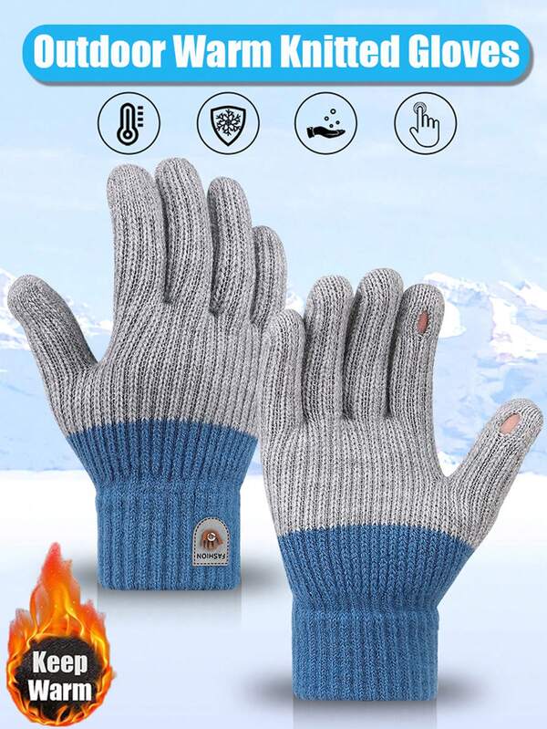 1 Paar Winter gestrickte Wollhandschuhe für Männer und Frauen, Outdoor-Radfahren, Wärme, offene Finger, Touchscreen, Farbsplitting-Technologie, touchscreenempfindlich, Farbsplitting, offene Finger, süße Vollfingerhandschuhe, gestrickte Wollhandschuhe, windundurchlässig und samtweich, warm, Schneehandschuhe