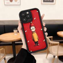 Cubierta de teléfono con borde negro roja con estampado de niño con gorro y abrigo amarillo para uso diario en cafeterías Aplicable a los teléfonos de la serie Apple y Galaxy - Negro - Ver 2