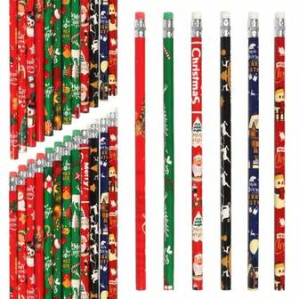 圣诞系列铅笔，图案包括卡通圣诞老人、雪人、姜饼人、圣诞树等，学生美术绘画铅笔，练字铅笔，圣诞主题铅笔，颜色随机