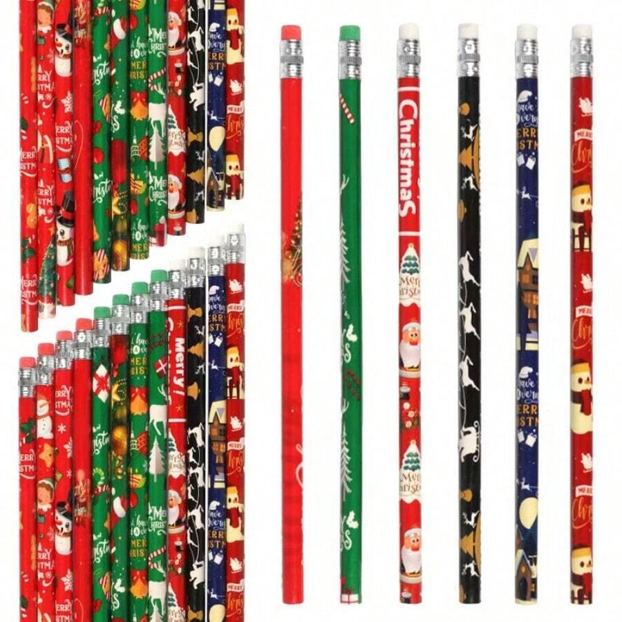 圣诞系列铅笔,图案包括卡通圣诞老人、雪人、姜饼人、圣诞树等,学生美术绘画铅笔,练字铅笔,圣诞主题铅笔,颜色随机 - 彩色 - 查看 1