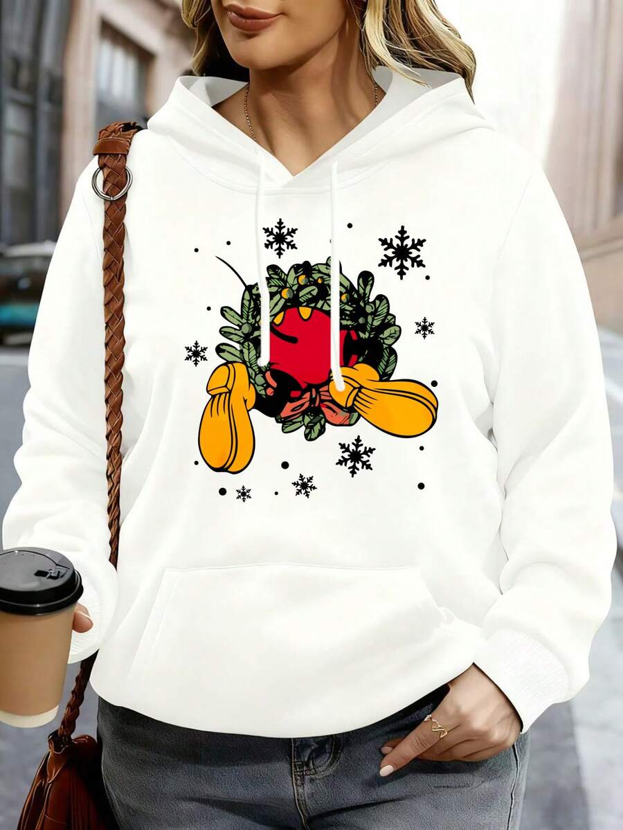 Disney Women Hoodie White Mickey Mouse Christmas Wreath Snowflake Print Casual Winter Outwear - White - View 1