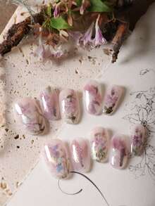 10pcs Purple Flower Halo Acrylic Nail Stickers, Short Fake Nails, Artificial Nail Kit Includes 1 Sheet Of Adhesive Stickers And 1 Mini Nail File. - Multicolor - View 3