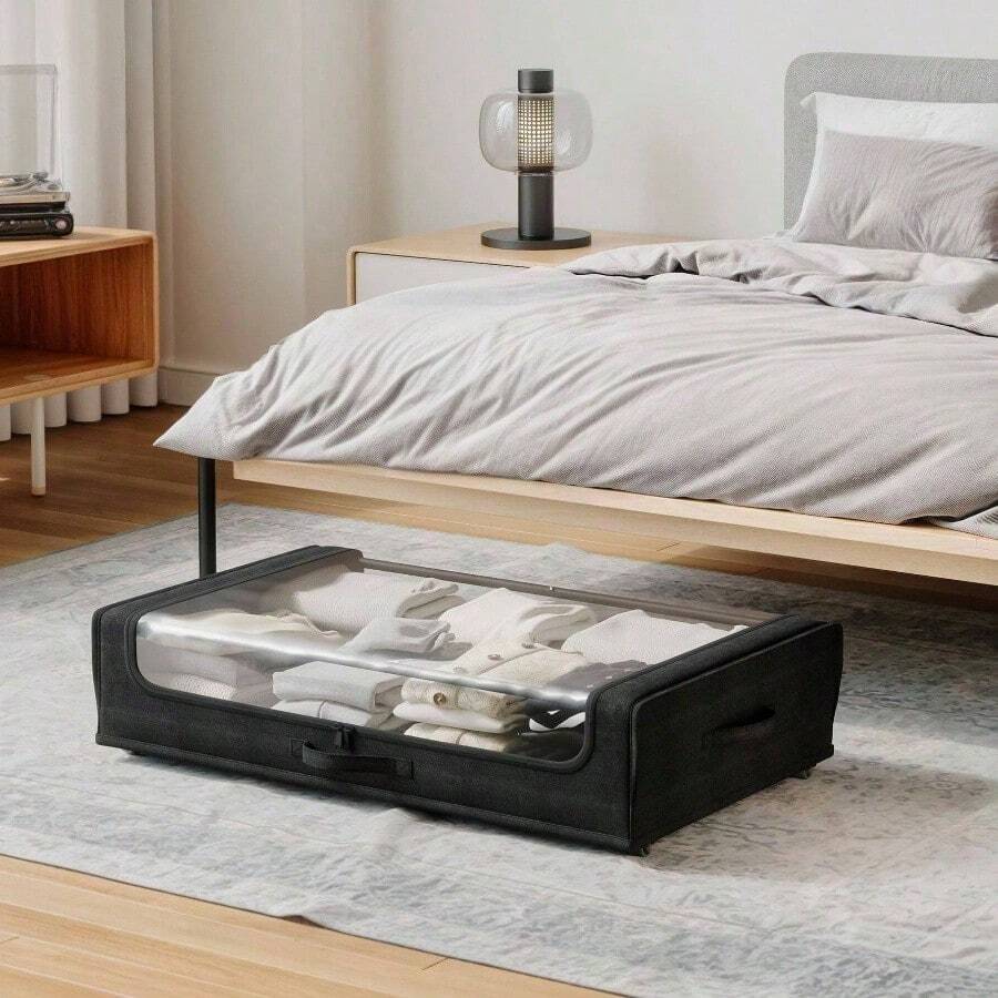Underbed Storage Container With Wheels, Space - Saving Storage Bedroom, Zippered Cover With Reinforced Frame And Hidden Wheels, Storing Clothes, Shoes, Or Toys, Set Of 2, RTA - SUB305 - 黑色 - 查看 1