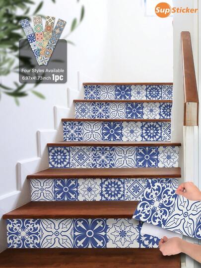 1 rolo de decalque de estilo português para degrau de escada, adesivo removível para decoração de degrau de escada, para sala de estar, decoração de quarto, armário, piso, reforma de casa, 41,73 x 6,97 polegadas, piso de ladrilhos, decoração de sala de estar, decoração de casa, pisos, ladrilhos autoadesivos, descascáveis