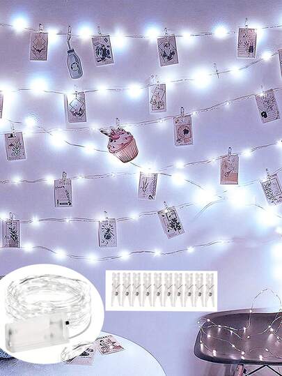 1pc Photo Clip String Lights, White Light, Indoor Wall Decor, Bedroom Decor, Room Decor, Wedding Decor Lights, Photo Wall Decor Lights, Party Decor, Valentine's Day Decor Lights (Clips May Have 2-3cm Error) Holiday Decor Lights
