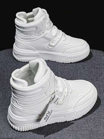 Women's Casual Sneakers, New High-Top Skateboard Shoes, Thick Sole Platform Flat Round Toe Slip-On Skate Shoes, White Breathable Deodorizing Personalized Street Style Boots, Motorcycle Boots For Travel And Vacation