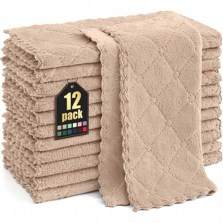 12 Pack Kitchen Dish Cloths (10 X 10 Inches, Cream Yellow), Super Soft And Absorbent Coral Velvet Dish Towels, Nonstick Oil Fast Drying Microfiber Cleaning Cloth, No Lint Household Dishcloths, 2025 - 棕褐色 - 查看 1