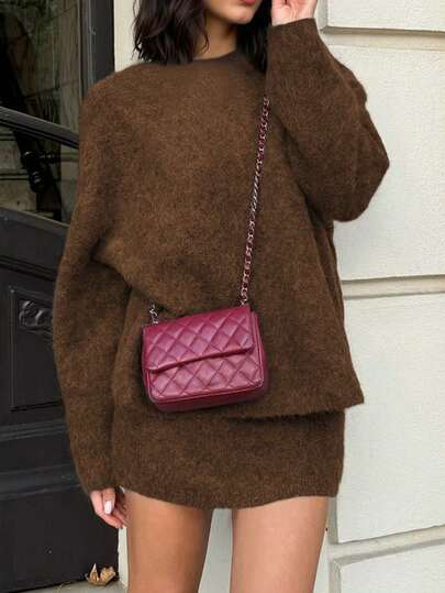 Knit Mix Elegant Women's Fall Winter Knit Sweater Set, Casual Round Neck Long Sleeve Pullover Top, Christmas New Year Thanksgiving Chic Solid Color Two Pieces