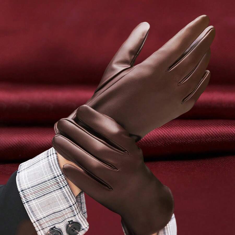 Women Winter Leather Gloves Black Brown Smooth Finish Elastic Wrist Detailing Driving Touchscreen Gloves