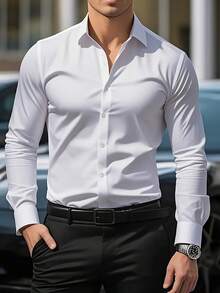 Kit Of 2 Men's Long-Sleeved Plus-Size Shirts, Solid Color, Business Casual Style, Comfortable And Breathable. - trắng/rượu vang - Xem 2