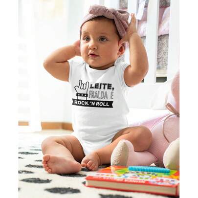 Body Bebê Divertido Frase Engraçada Leite Fralda e Rockn Roll Roupinha Estilosa Infantil Tamanhos P M G