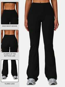 MFVIM 女士高腰塑形喇叭裤，运动紧身裤，收腹提臀，透气柔软休闲，适合户外、跑步、瑜伽、网球、健身房锻炼 - 黑色 - 查看 5