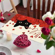1/4/6件装情人节主题黑猫与“Hello Love”爱心印花装饰餐垫，100%亚麻印花桌垫/咖啡杯垫，可手洗 - 适用于餐桌、餐厅、生日派对装饰、家居装饰 - 彩色 - 查看 7