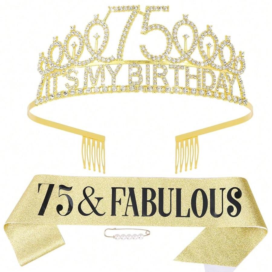 75th Birthday Decorations For Women, 75th Birthday Gits For Her Party Decorations Set- Crown Tiara And Sash With 75 & Fabulous{Inchcolorinch:Inch75thinch} - 75th - 查看 1